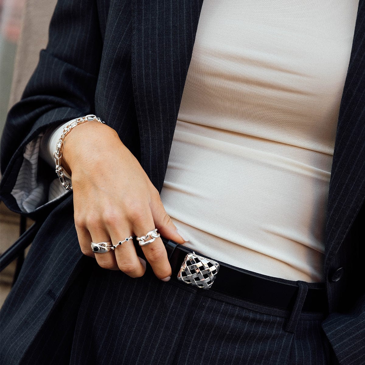 Polly Black Onyx Chunky Band Ring Silver Plate