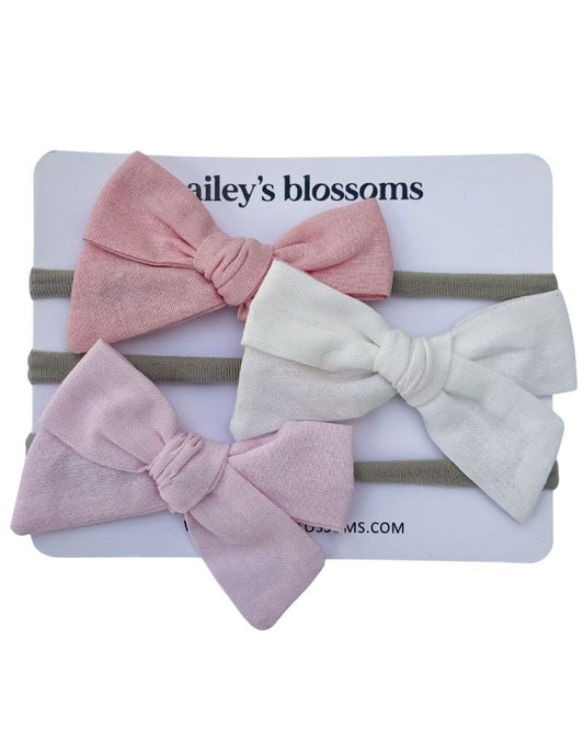 3-piece Linen Cotton Nylon Headband Set - Rose Pink, White, Light Pink