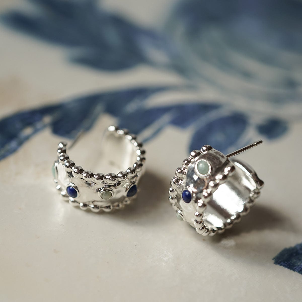 Amulet Stone Hoop Earrings Silver Plate