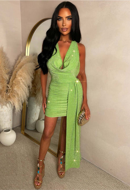 Genesis Lime Lurex Drape Mini Dress