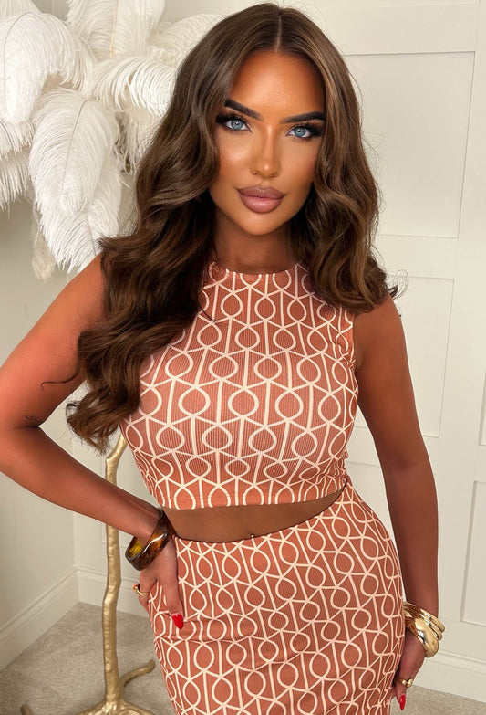 Honey Please Orange Geometric Print Ribbed Vest Top