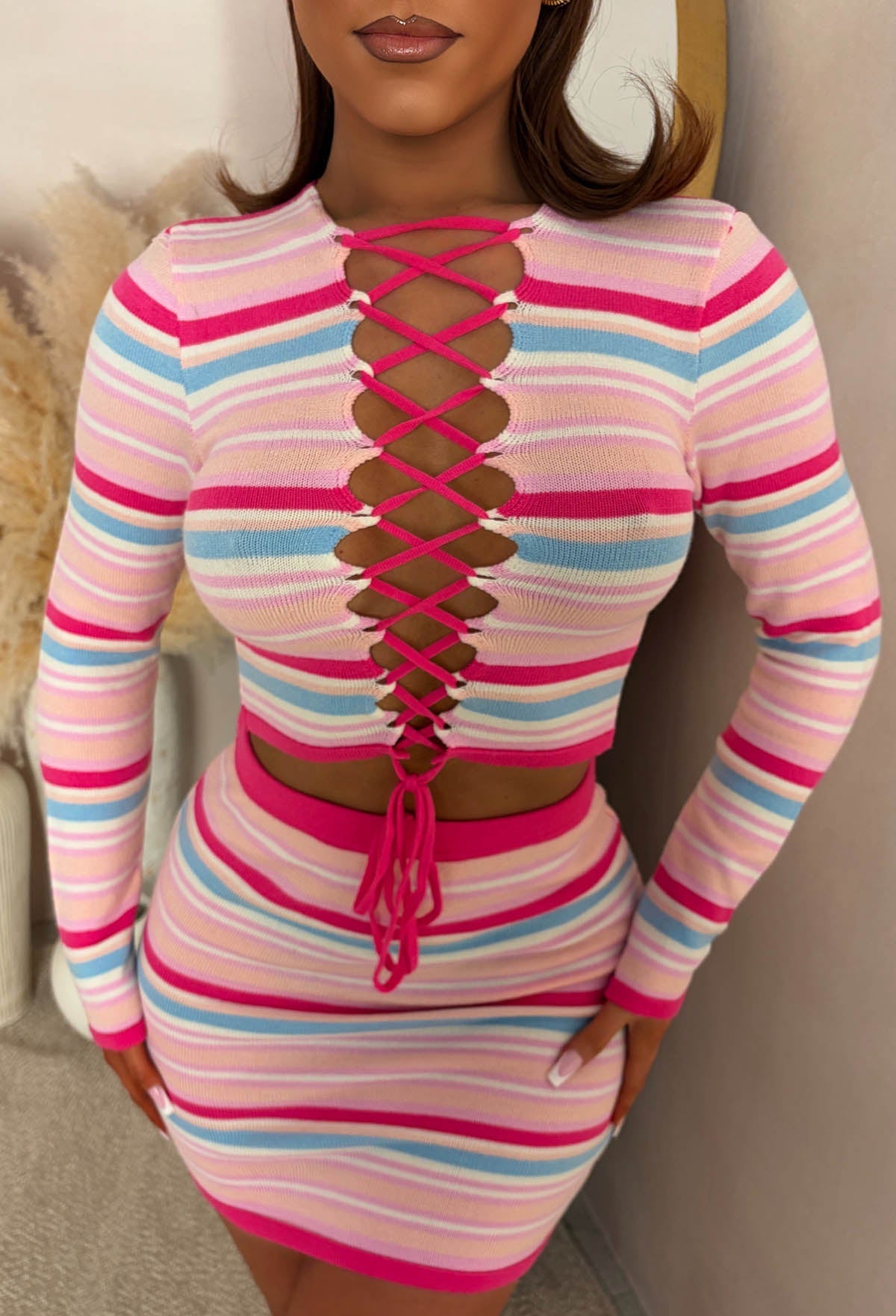 Irresistible You Pink Knitted Stripe Skirt