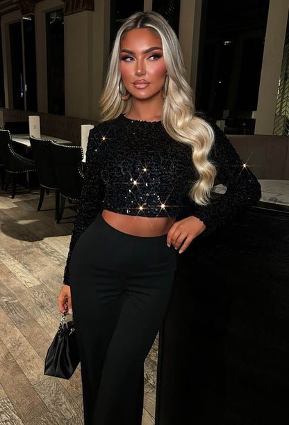It Girl Era Black Sequin Crop Top