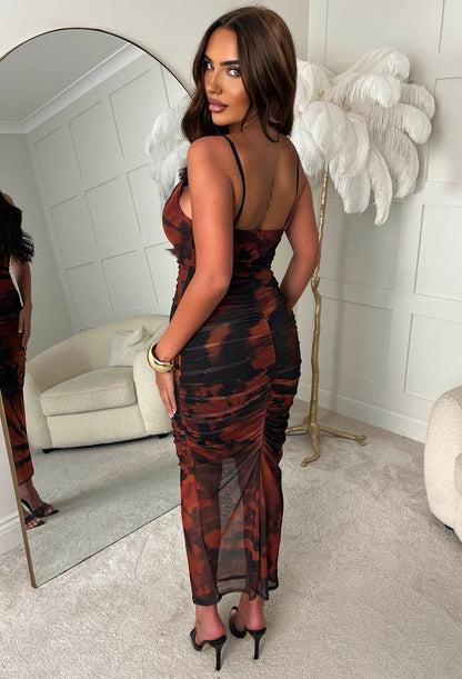 Kenya Black Printed Cowl Neck Mesh Cami Midi Dress