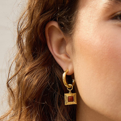 Red Jasper Square Chubby Hoop Earrings 18ct Gold Plate