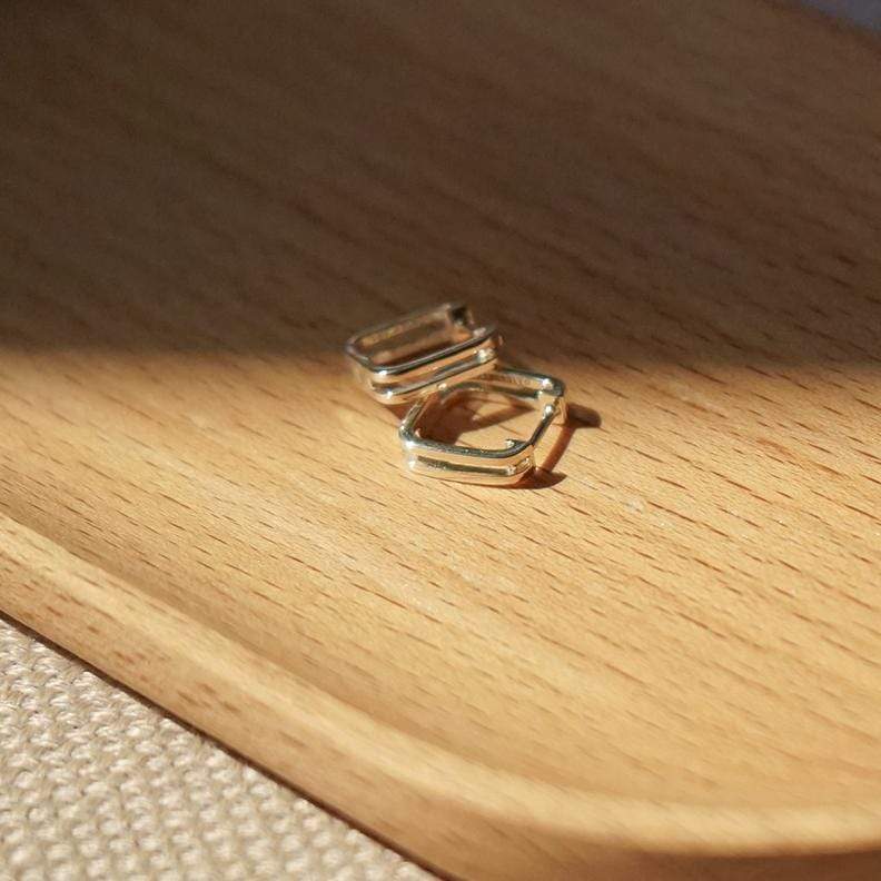 Double Square Huggie Hoop Earrings Sterling Silver
